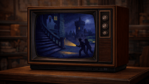 Retro CRT television showing a spooky castle mystery cartoon scene at night