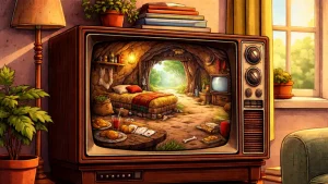 Retro CRT television showing classic Hanna-Barbera cartoon scene