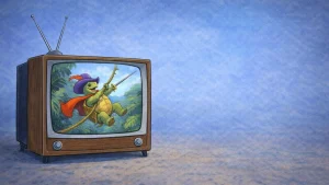 Retro ilustracija kornjače heroja koja se njiše na lijani unutar starog CRT televizora