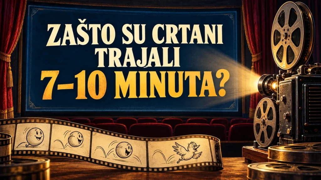 Ilustracija bioskopskog projektora i filmske trake uz platno sa natpisom „Zašto su crtani trajali 7–10 minuta?“