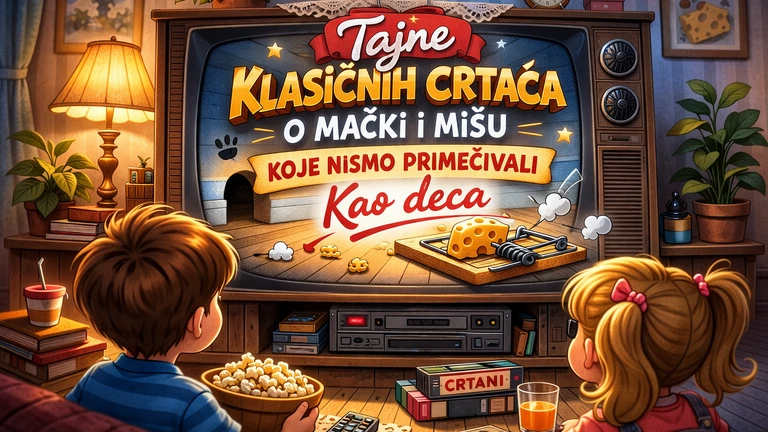 Tajne klasičnih crtaća o mački i mišu prikazane na starom CRT televizoru u nostalgičnoj dnevnoj sobi