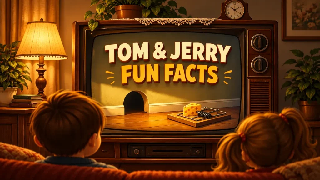 Two children watching a vintage TV displaying Tom and Jerry fun facts