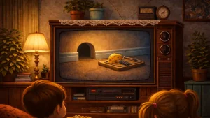 Inspirisana scena mačke i miša sa mišjom rupom i sirom na retro CRT televizoru