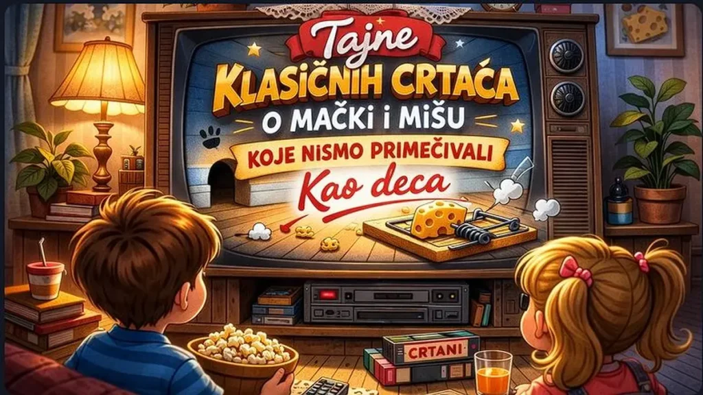 Ilustracija za zanimljivosti o Tomu i Džeriju: dvoje dece gleda retro televizor sa mišjom rupom i sirom