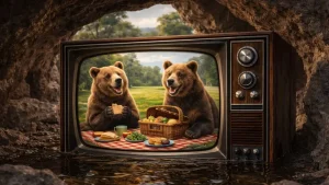 Two brown bears enjoying a picnic displayed inside a vintage CRT television set placed in a cave