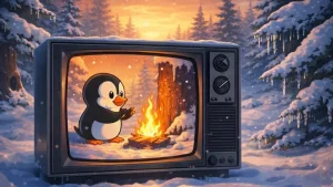 Čili Vili crtani inspirisana ilustracija CRT televizor u snežnoj šumi sa pingvinom pored vatre
