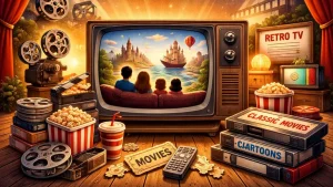 family classics emisija crt televizor retro bioskop scena animacija nostalgija