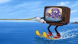 goofy cartoon style crt tv water skiing retro scene with octopus animation