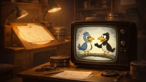 retro animation studio with CRT television showing two cartoon birds inspired by heckle and jeckle cartoons