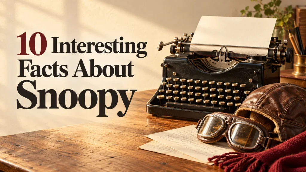 Vintage typewriter, aviator goggles and leather flying cap beside the heading “10 Interesting Facts About Snoopy”