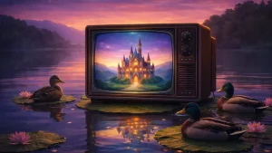 paja patak crt tv retro scena na jezeru sa patkama i lokvanjima