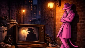 pink panther style cartoon noir street crt tv retro animation scene silhouette character