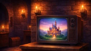 retro cartoon castle on crt television in medieval fantasy room