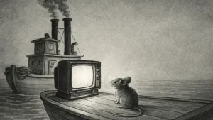 stari brod crt televizor mis retro crno bela ilustracija animacija