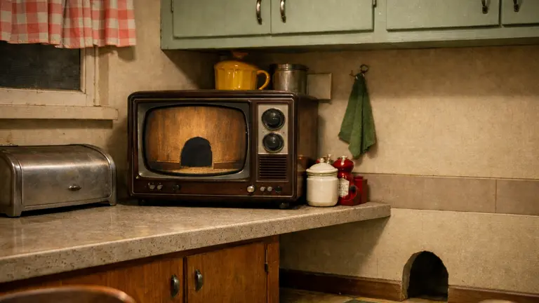 Retro kitchen with CRT television and mouse hole inspired by Tom and Jerry cartoons