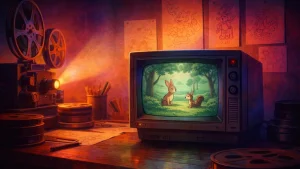 disney vintage crtani filmovi na crt televizoru u retro studiju