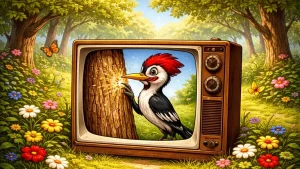 Walter Lantz Productions cartoons inspirisana ilustracija CRT televizor u šumi sa detlićem