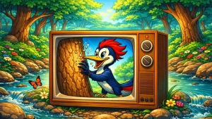 Woody Woodpecker cartoons inspired illustration CRT television in forest stream with woodpecker pecking tree