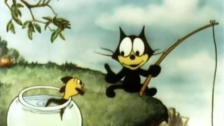 cartoon style illustration of a black cat fishing near water classic animation scene