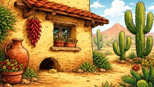 brzi gonzales crtani inspirisana ilustracija misja rupa kuca meksiko kaktusi scena