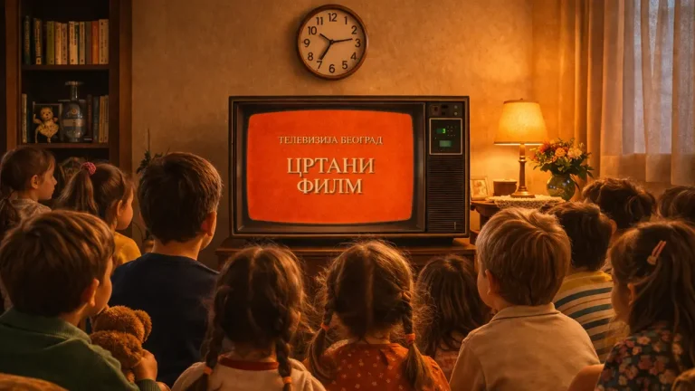 Children watching cartoons at 7:15 PM on CRT TV nostalgic childhood illustration