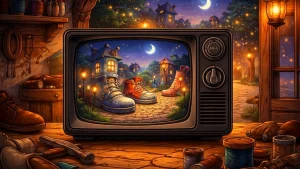 cipelgrad crtani film cipele oživljavaju crt televizor ilustracija radionica