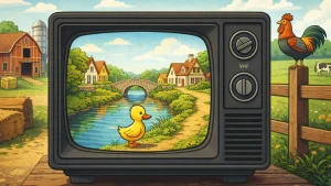 crt televizor farma patka crtani selo retro ilustracija priroda