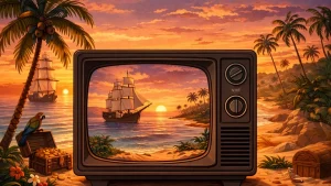 crt televizor na plaži sa brodom palmama i morem crtani stil ilustracija
