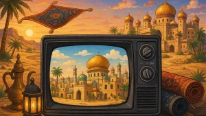 crt televizor pustinja leteći ćilim zamak crtani stil retro ilustracija