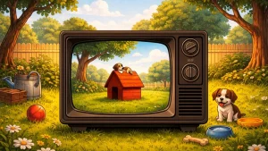 crt televizor trava kucica za psa crtani stil retro ilustracija priroda