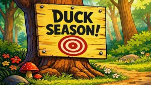 daffy duck cartoon inspired illustration duck season sign in forest retro style