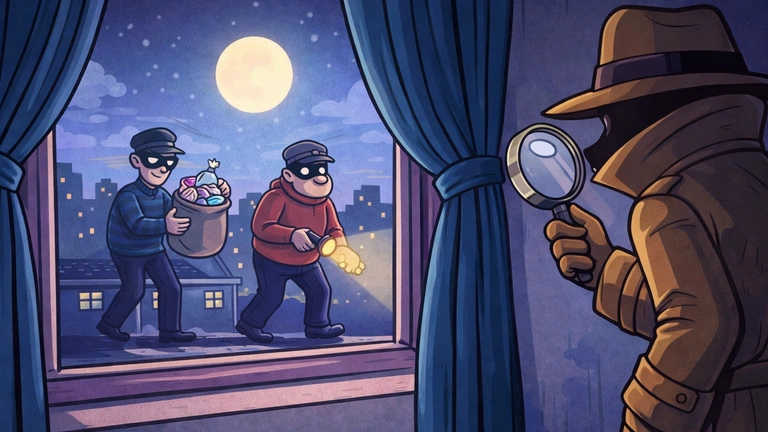 crtani stil ilustracija detektiv posmatra lopove kroz prozor nocna scena