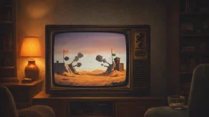 Duško i Sima građanski rat ilustracija dva zamka u pustinji retro stil