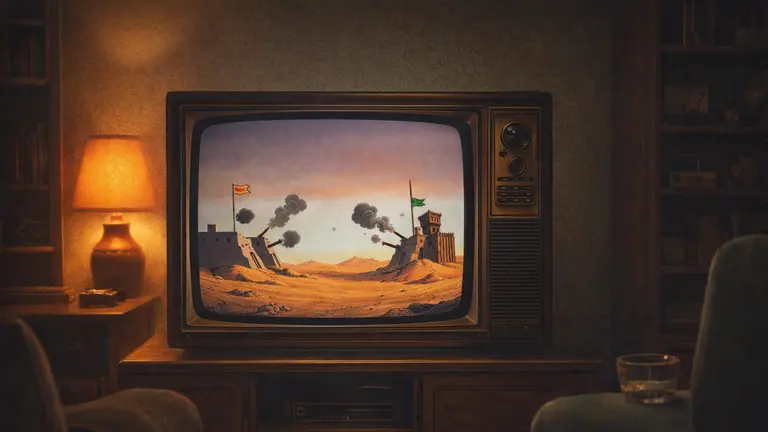 Duško i Sima građanski rat ilustracija dva zamka u pustinji retro stil