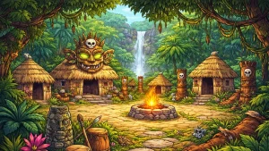 crtani stil ilustracija dzungla sa plemenskim kolibama vatrom i vodopadom