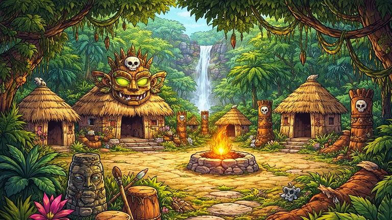 crtani stil ilustracija dzungla sa plemenskim kolibama vatrom i vodopadom