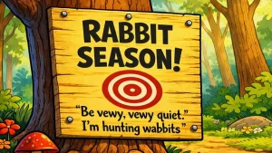elmer fudd cartoon inspired rabbit season sign hunting wabbits retro forest illustration