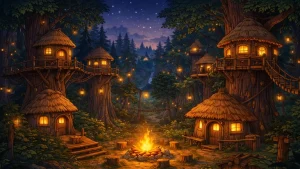 evoksi crtani selo endor suma drvene kuce noc ilustracija star wars stil