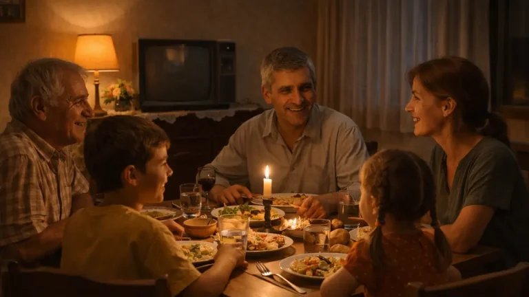 Family dinner without phones nostalgic lifestyle how people used to live illustration