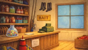 generalova radnja crtani inspirisana retro ilustracija stare seoske prodavnice sa crt stilom