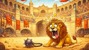 crtani stil ilustracija rimske gladijatorske arene sa lavom u smesnoj situaciji