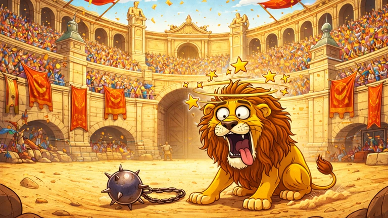 crtani stil ilustracija rimske gladijatorske arene sa lavom u smesnoj situaciji