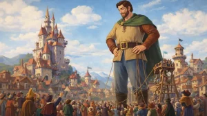 gullivers travels cartoon illustration giant and tiny people retro style