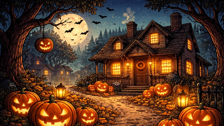 Halloween cartoon style illustration of a spooky house with pumpkins and moonlight (inspired illustration)
