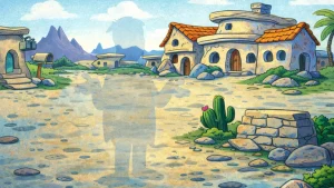 Kamengrad ilustracija sa nevidljivim covekom u retro stilu animacije iz 1960-ih