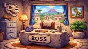 crtani stil ilustracija kamene kancelarije sa sefovskim stolom u kamenom gradu