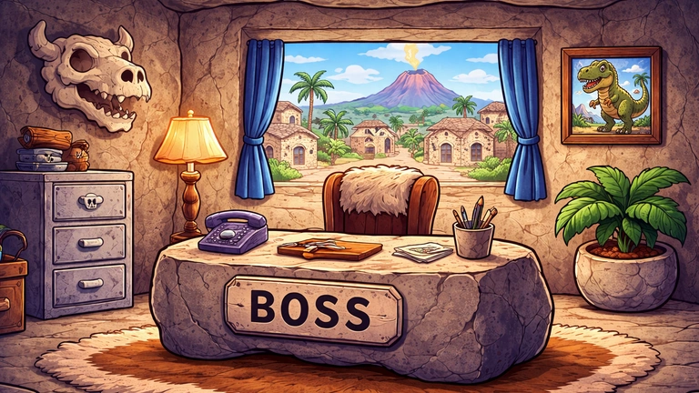 crtani stil ilustracija kamene kancelarije sa sefovskim stolom u kamenom gradu