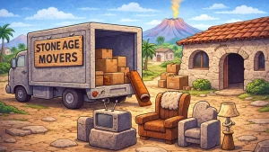 crtani stil ilustracija kamion za selidbu ispred kamene kuce sa kamenim namestajem