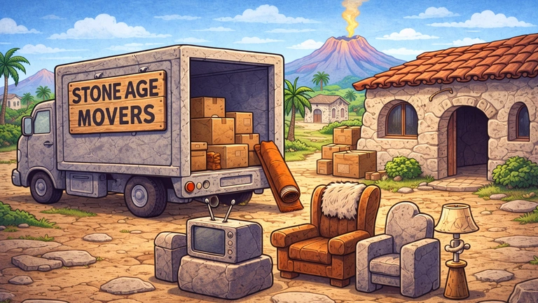 crtani stil ilustracija kamion za selidbu ispred kamene kuce sa kamenim namestajem