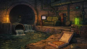 Kanalizacija u crtanom stilu sa cevima, vodom i starim nameštajem – ilustracija podzemnog skloništa